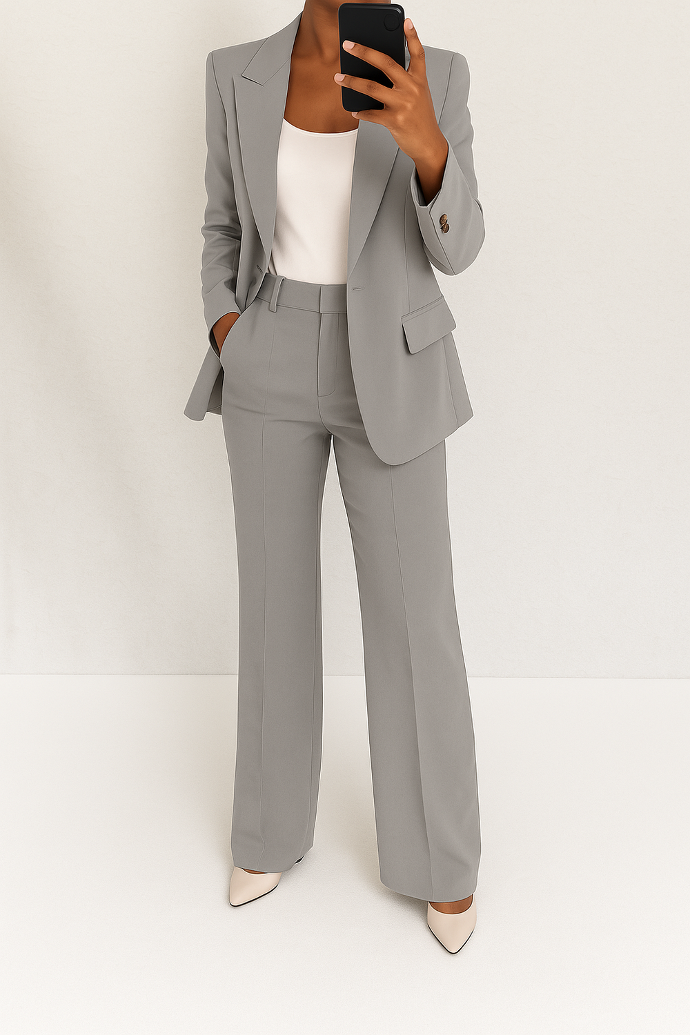 Women's two-piece trouser suit with notch lapel blazer and wide-leg trousers