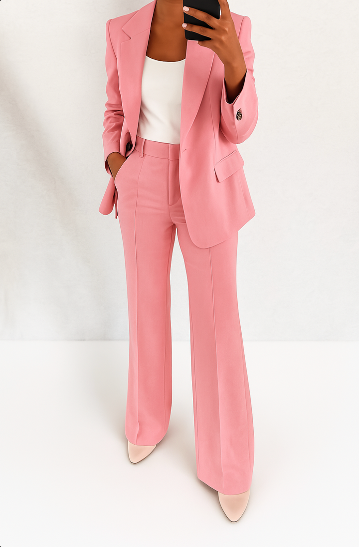 Women's two-piece trouser suit with notch lapel blazer and wide-leg trousers