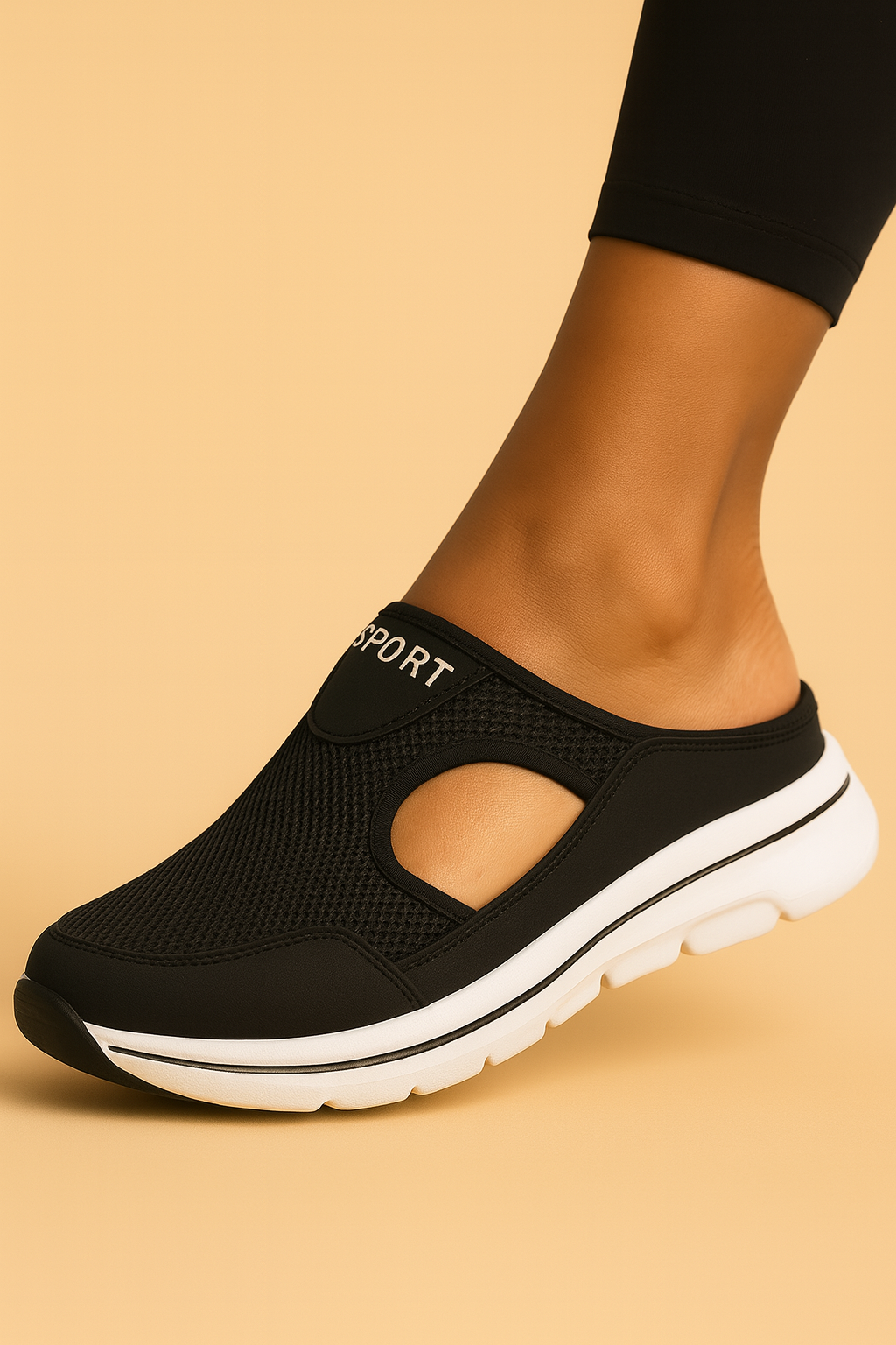 Women's orthopaedic slippers in black mesh and white sole, worn on bare feet
