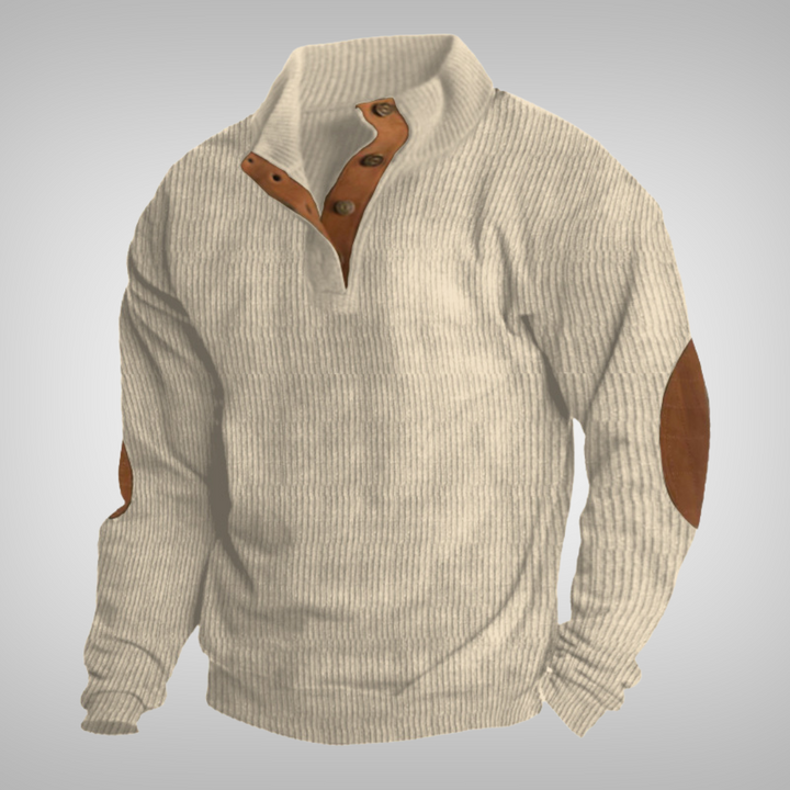 Men's ribbed mock neck sweater with button placket and elbow patches