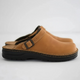 Women's tan and brown leather slip-on clogs with buckle strap