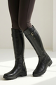 Women's knee-high riding boots with buckle detail and low heel