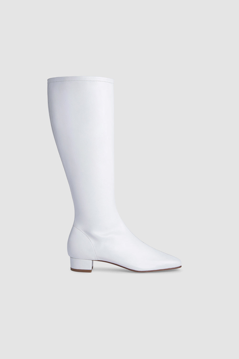 White women's knee-high boots with square toes and low block heels