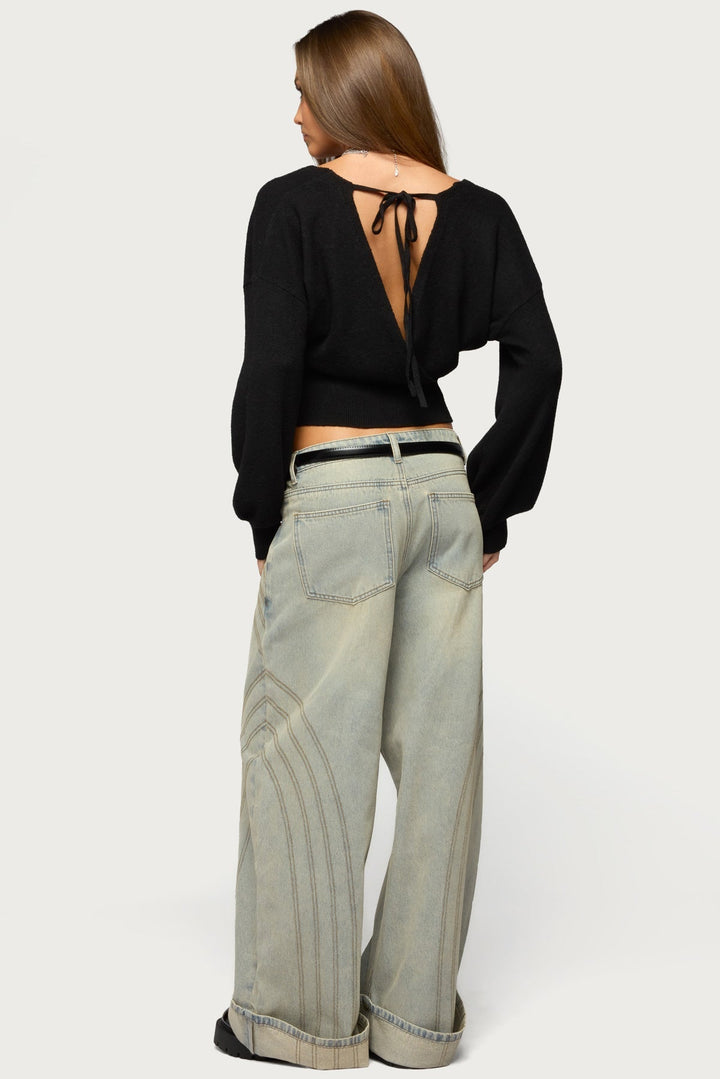 Women's wrap sweater with V-neckline and cropped ribbed hem