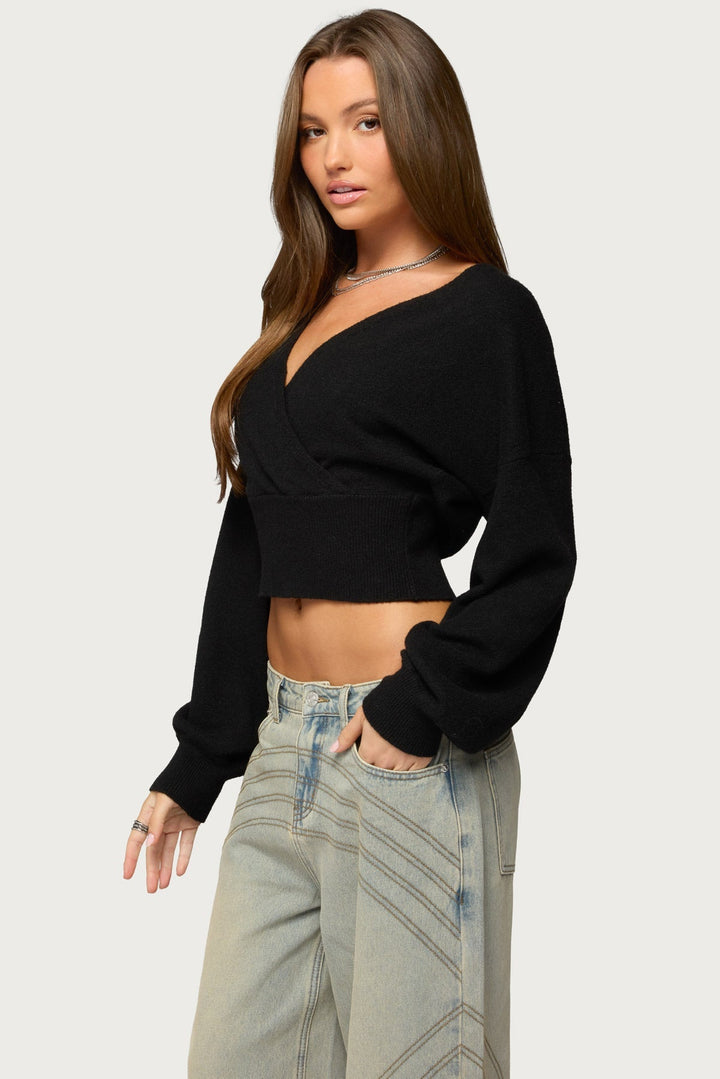 Women's wrap sweater with V-neckline and cropped ribbed hem