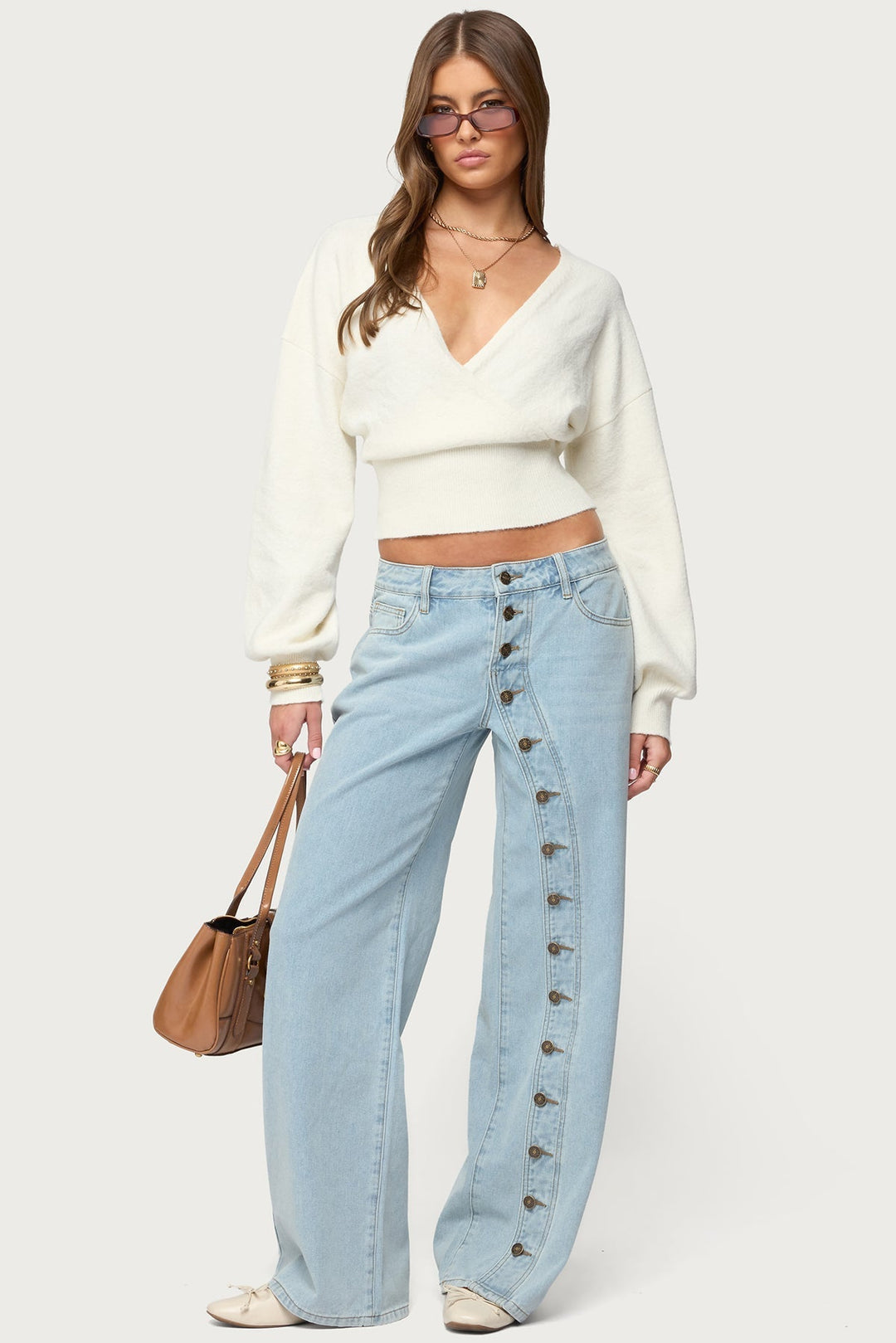 Women's wrap sweater with V-neckline and cropped ribbed hem