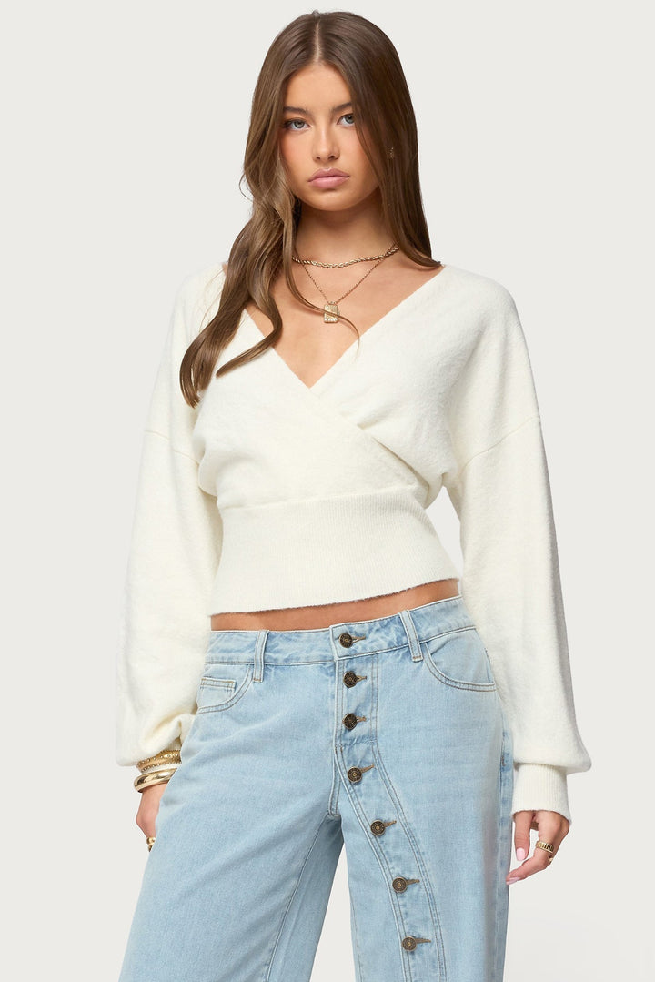 Women's wrap sweater with V-neckline and cropped ribbed hem