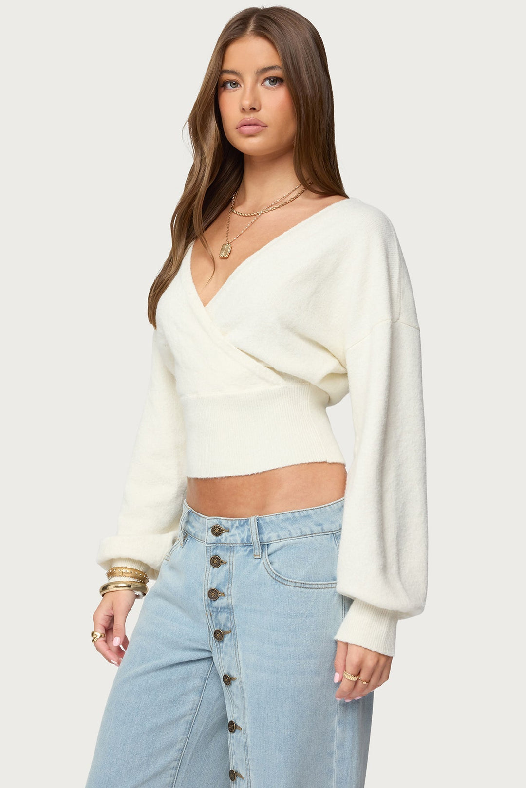 Women's wrap sweater with V-neckline and cropped ribbed hem