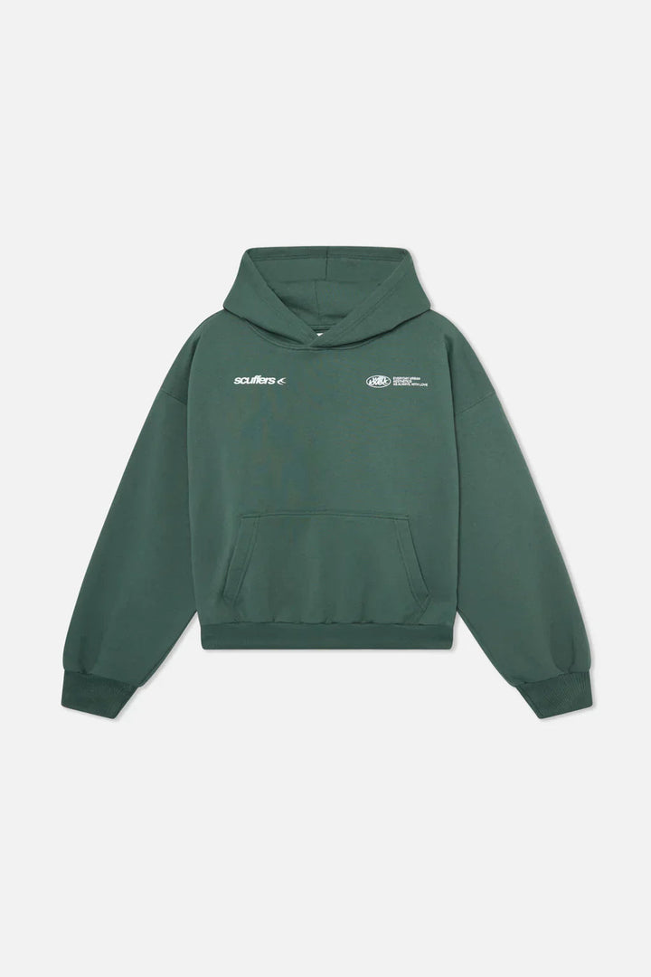 Unisex hooded sweatshirt with long sleeves and white graphic lettering across the back