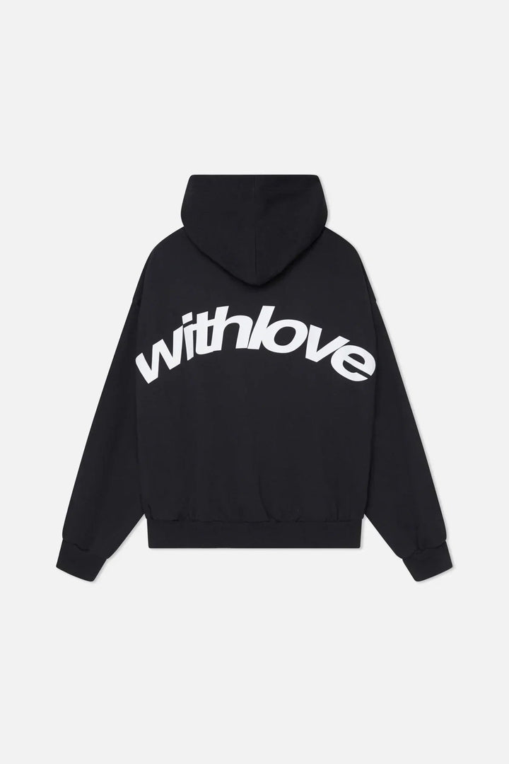 Unisex hooded sweatshirt with long sleeves and white graphic lettering across the back