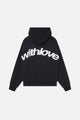 Unisex hooded sweatshirt with long sleeves and white graphic lettering across the back