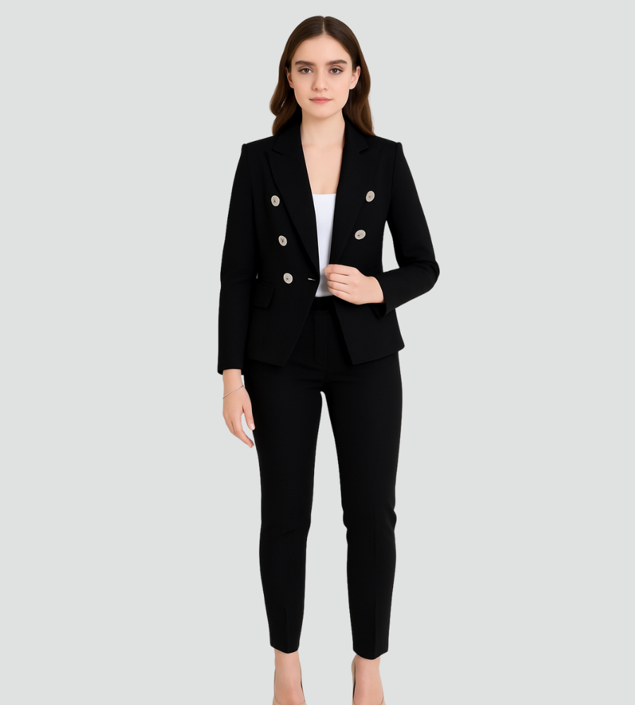 Women's double-breasted blazer and tapered trousers suit set