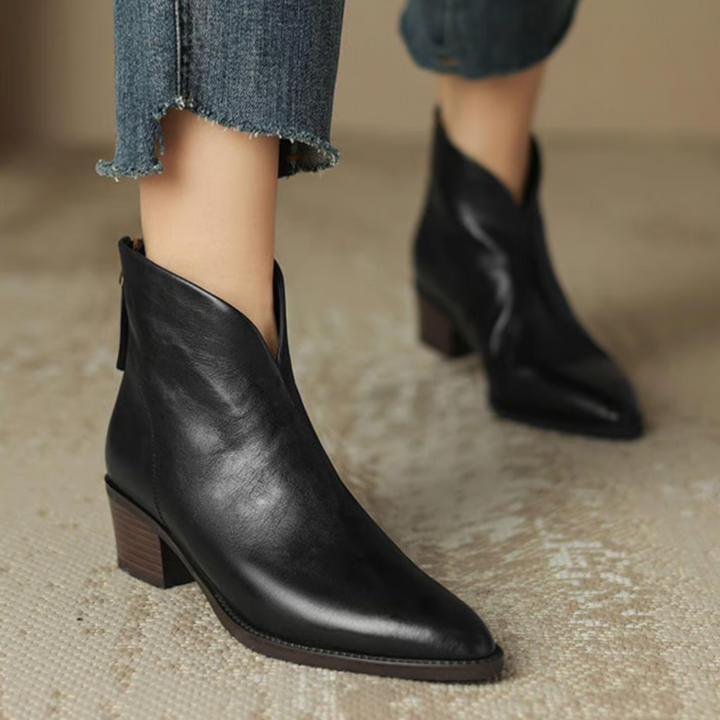 Women's pointed toe ankle boots with low block heels