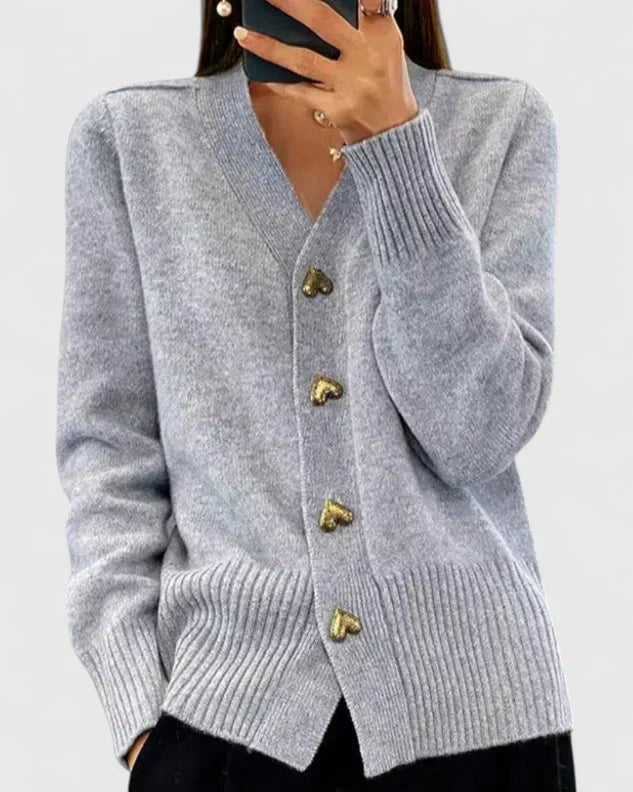 Women's V-neck cardigan with gold-tone buttons, long sleeves and ribbed trims