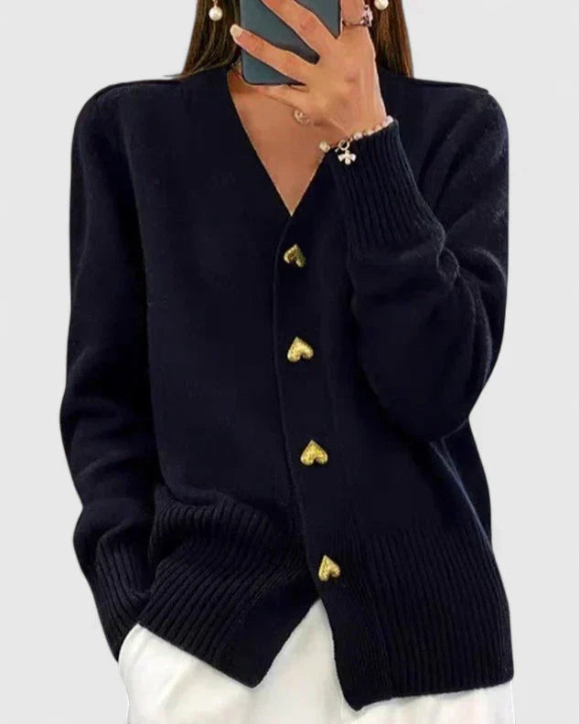 Women's V-neck cardigan with gold-tone buttons, long sleeves and ribbed trims