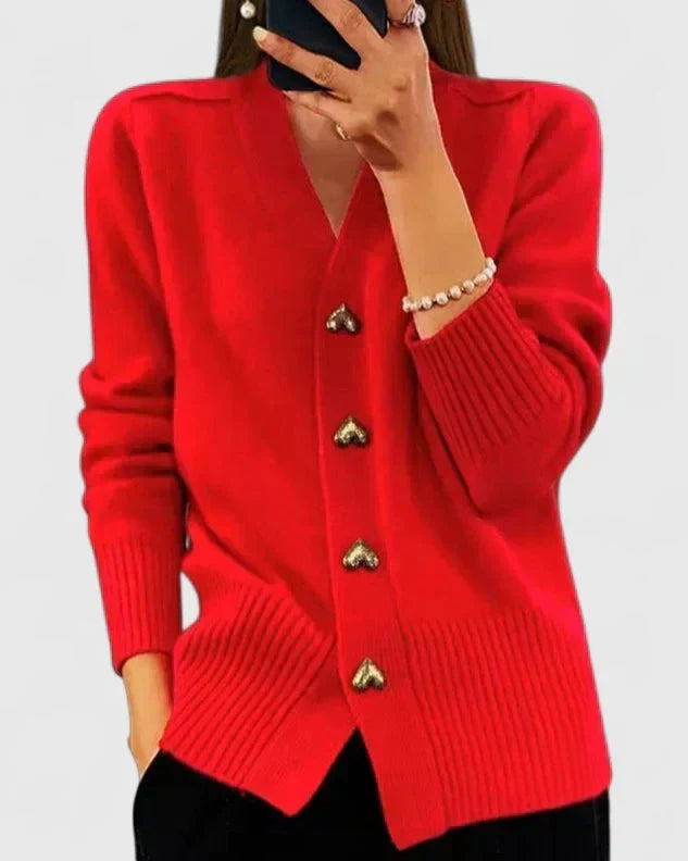 Women's V-neck cardigan with gold-tone buttons, long sleeves and ribbed trims