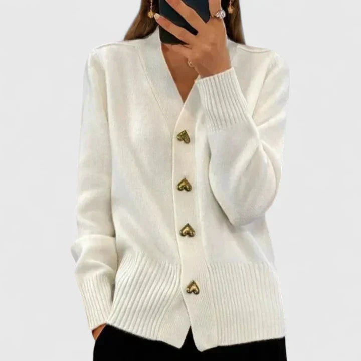 Women's V-neck cardigan with gold-tone buttons, long sleeves and ribbed trims