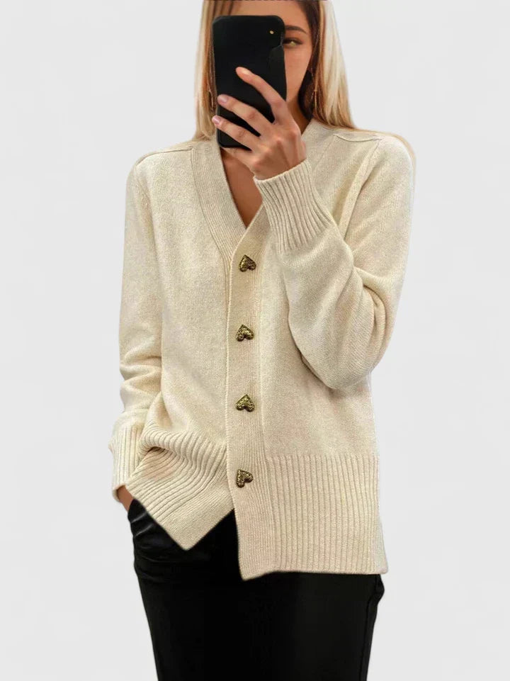 Women's V-neck cardigan with gold-tone buttons, long sleeves and ribbed trims