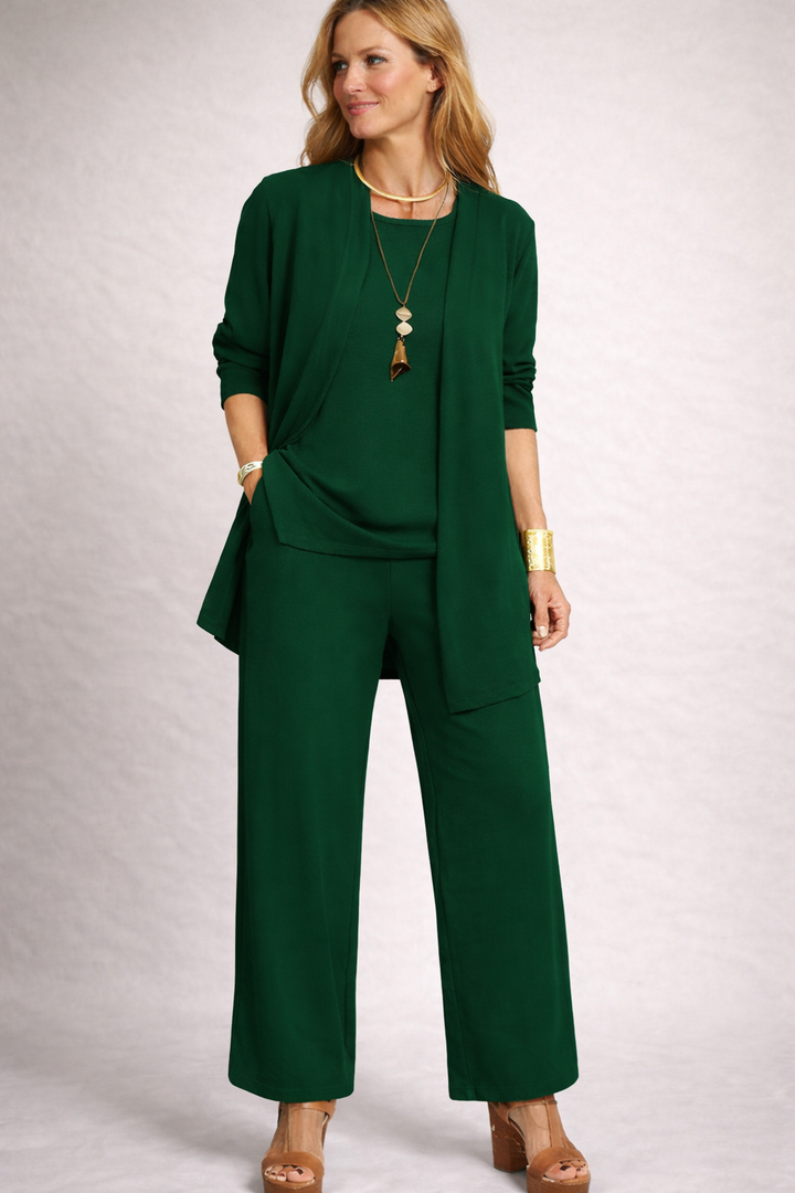 Women's three-piece lounge set with open cardigan, round-neck top and wide-leg trousers