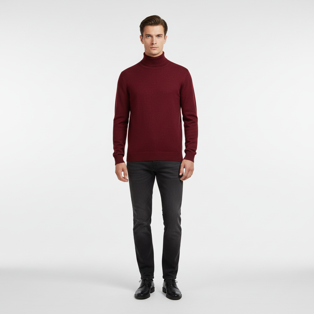Long-sleeve turtleneck sweater with ribbed collar cuffs and hem