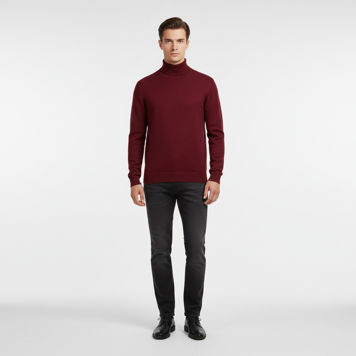 Long-sleeve turtleneck sweater with ribbed collar cuffs and hem