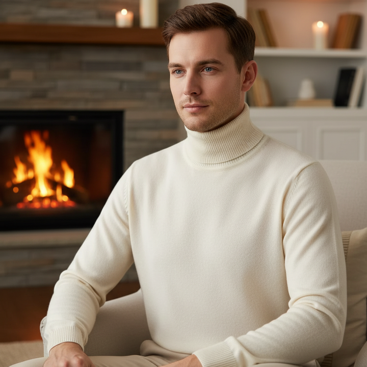 Long-sleeve turtleneck sweater with ribbed collar cuffs and hem