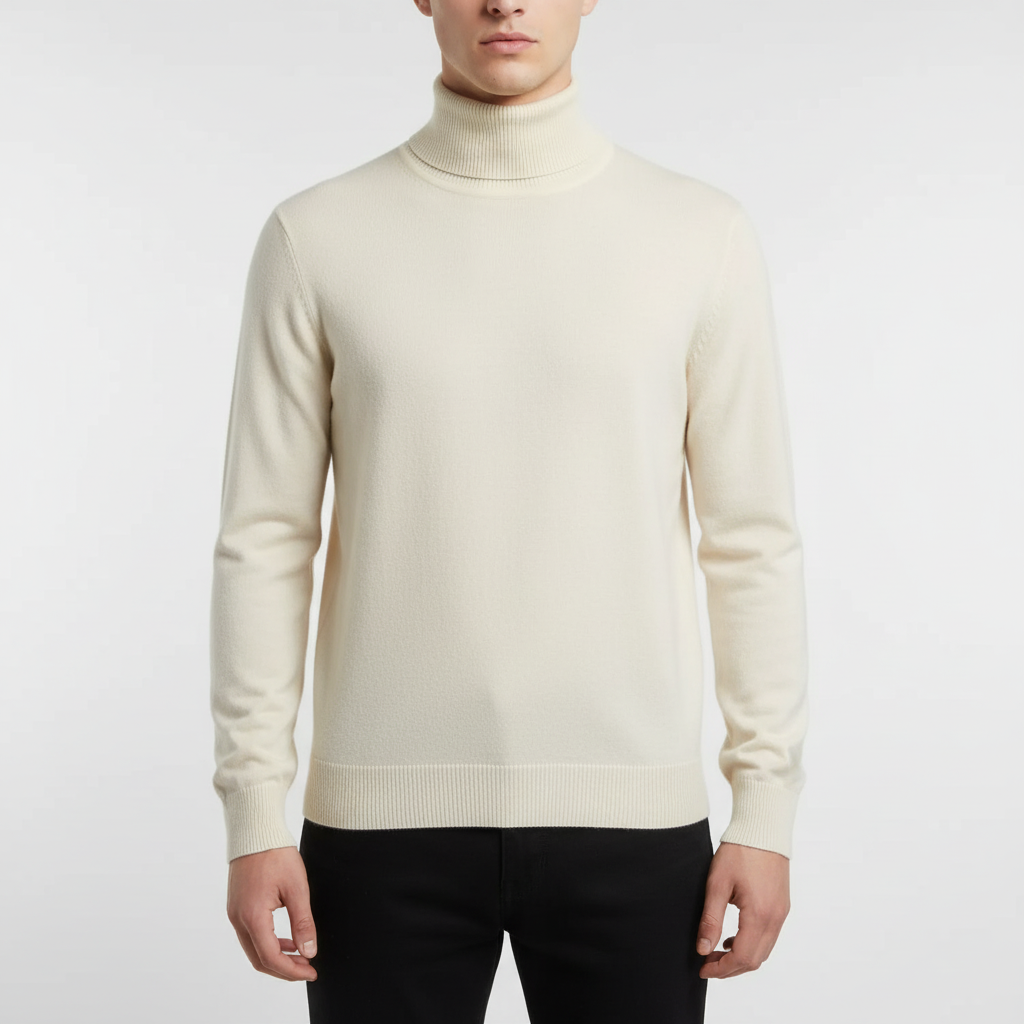 Long-sleeve turtleneck sweater with ribbed collar cuffs and hem