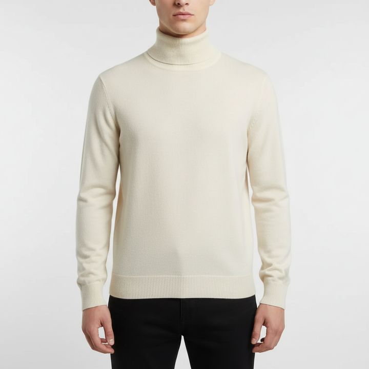 Long-sleeve turtleneck sweater with ribbed collar cuffs and hem