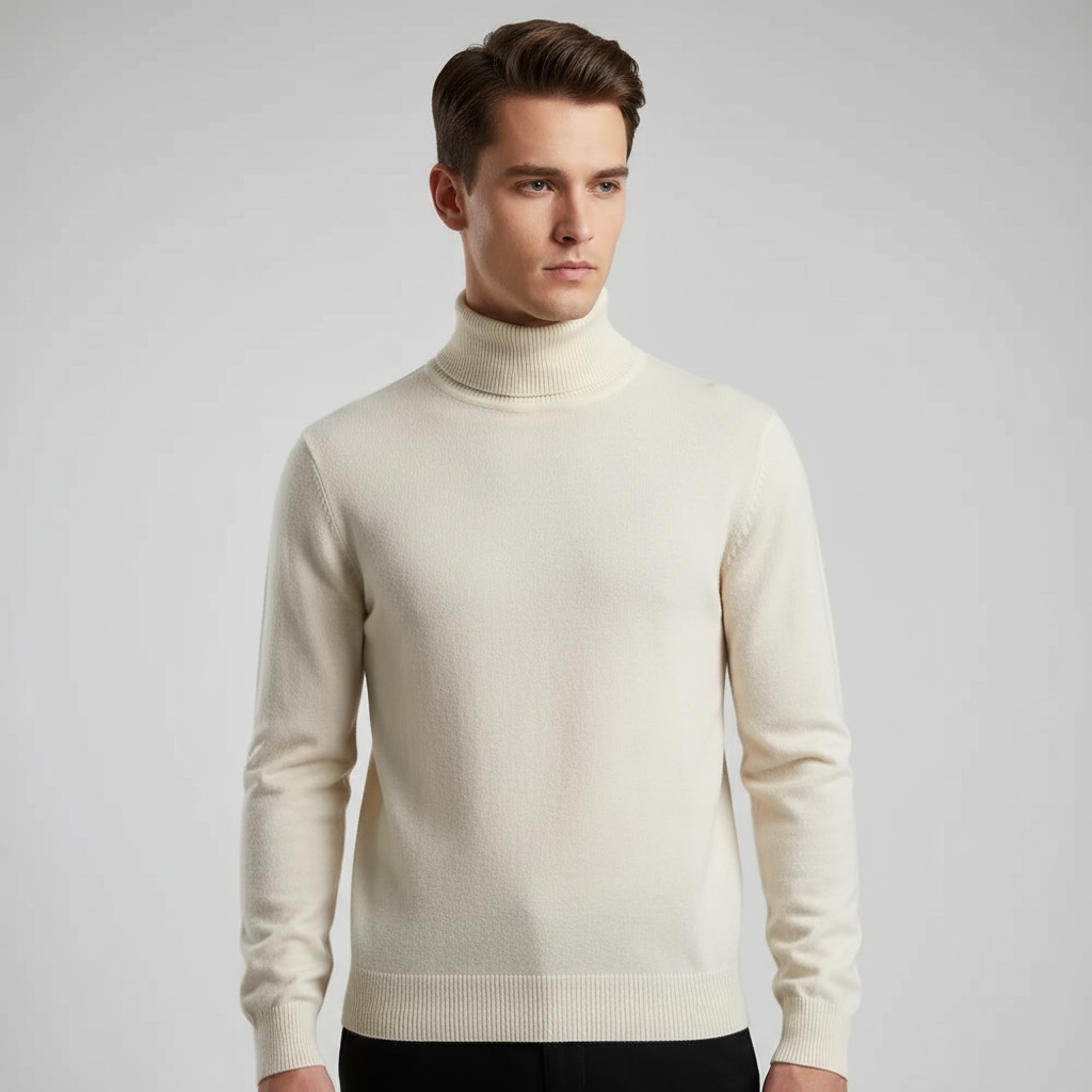 Long-sleeve turtleneck sweater with ribbed collar cuffs and hem