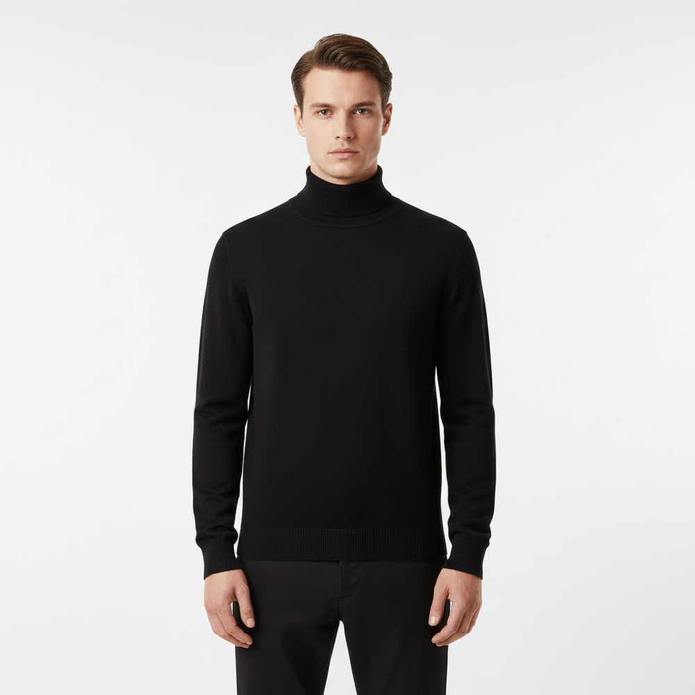 Long-sleeve turtleneck sweater with ribbed collar cuffs and hem