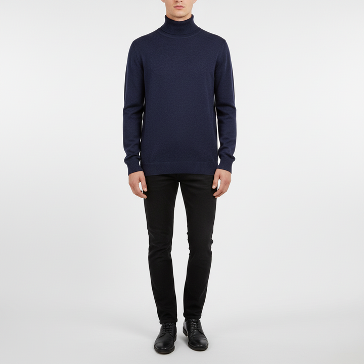 Long-sleeve turtleneck sweater with ribbed collar cuffs and hem