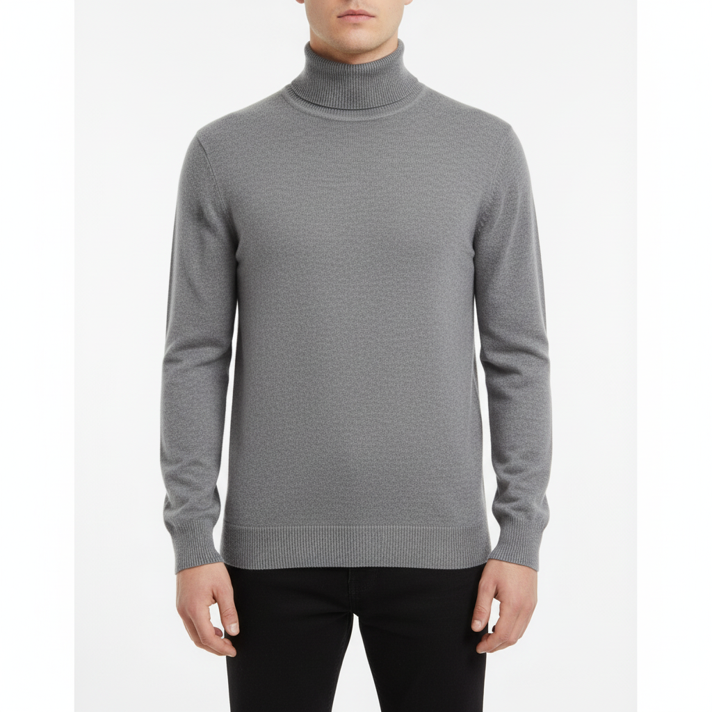 Long-sleeve turtleneck sweater with ribbed collar cuffs and hem