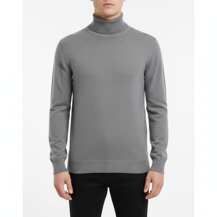 Long-sleeve turtleneck sweater with ribbed collar cuffs and hem