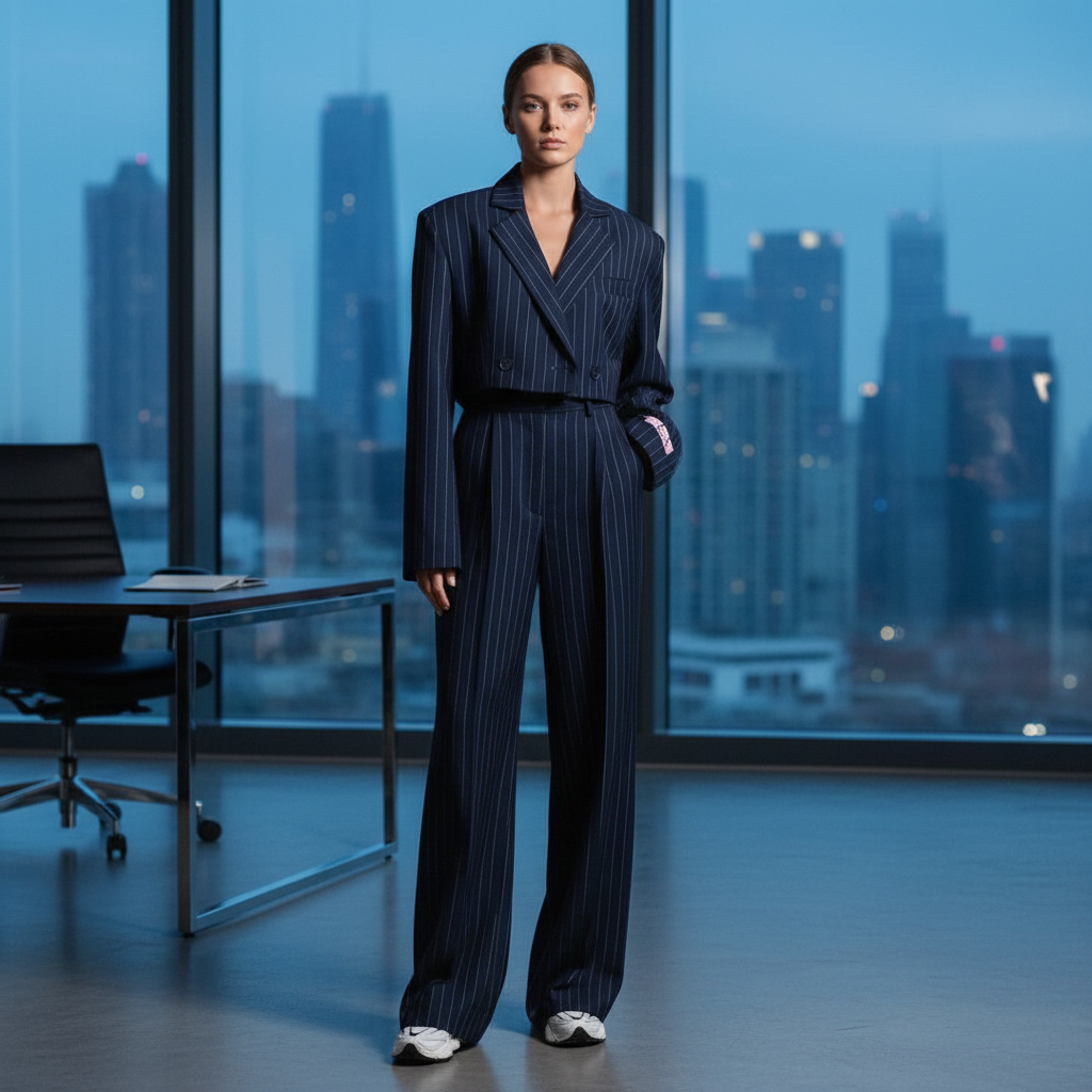 Women's striped three-piece suit with blazer and wide-leg trousers