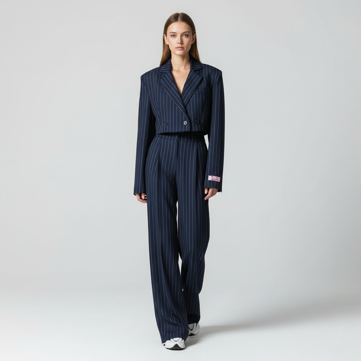 Women's striped three-piece suit with blazer and wide-leg trousers
