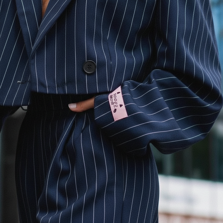 Women's striped three-piece suit with blazer and wide-leg trousers