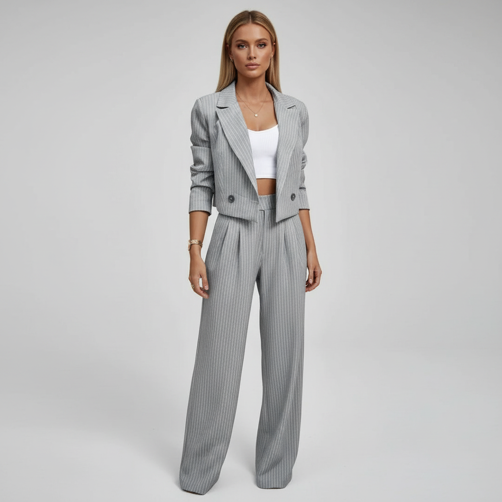 Women's striped three-piece suit with blazer and wide-leg trousers