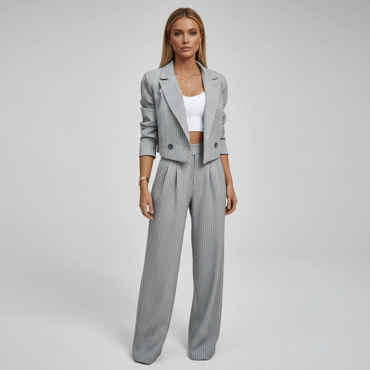 Women's striped three-piece suit with blazer and wide-leg trousers
