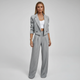 Women's striped three-piece suit with blazer and wide-leg trousers