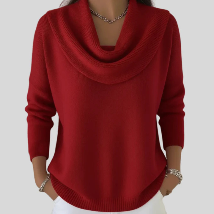 Women's ribbed jumper with draped cowl neck and long sleeves