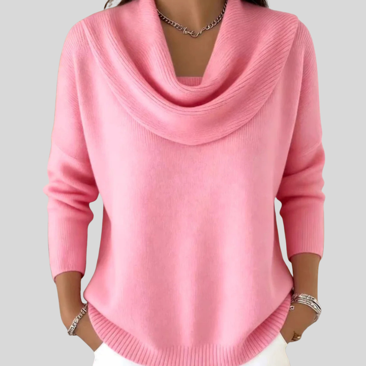 Women's ribbed jumper with draped cowl neck and long sleeves