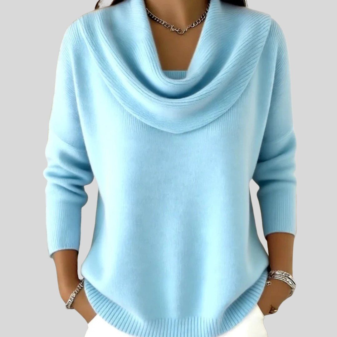 Women's ribbed jumper with draped cowl neck and long sleeves