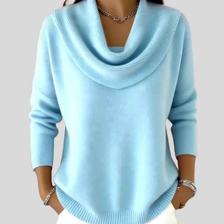 Women's ribbed jumper with draped cowl neck and long sleeves