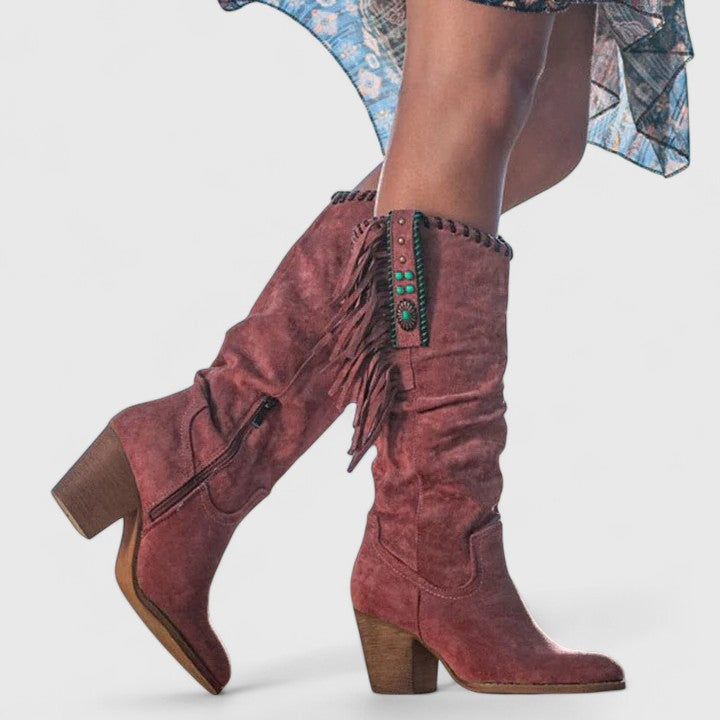 Women's tall cowboy boots with side zippers, fringe detailing, pointed toes and block heels