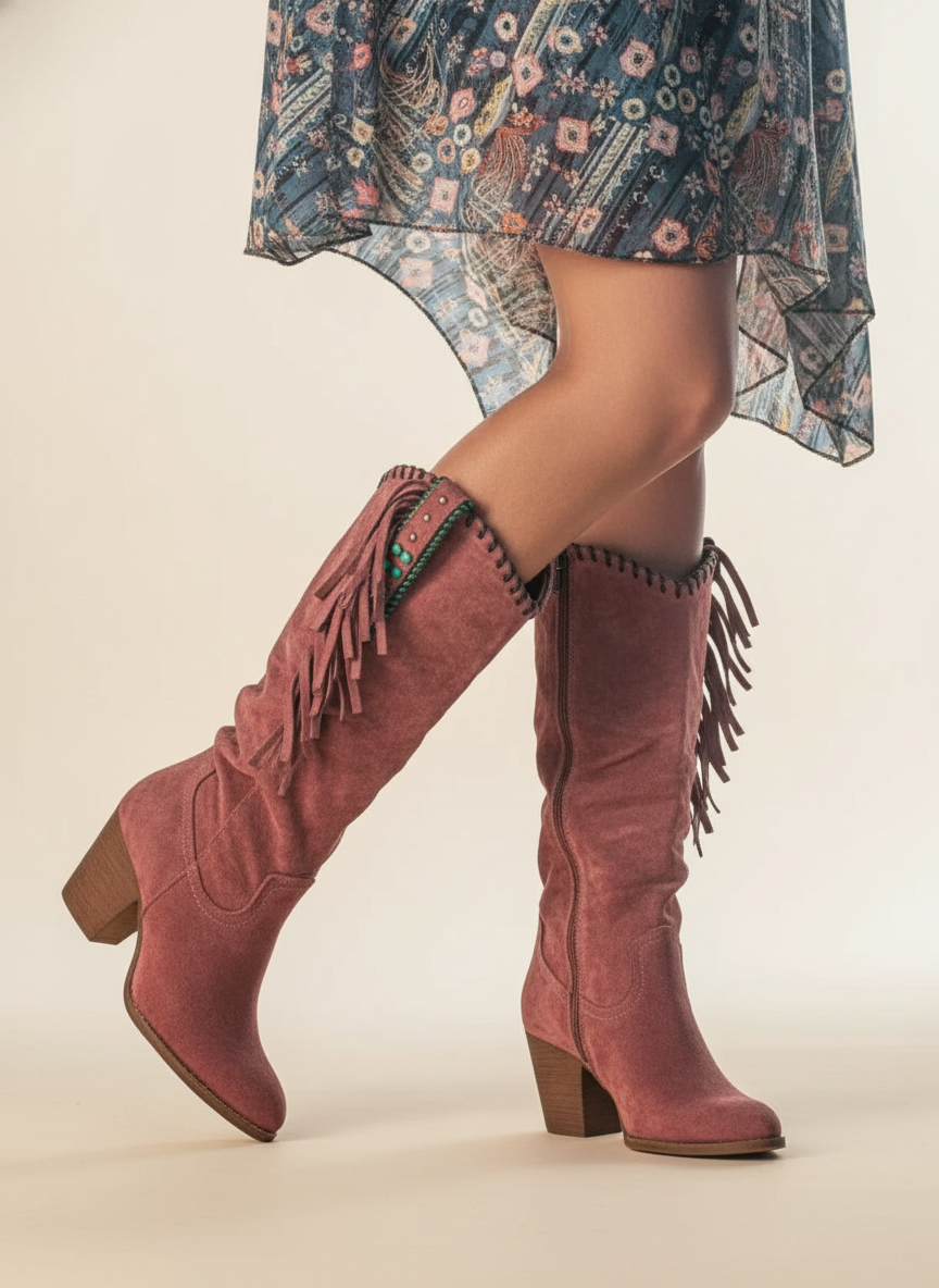 Women's tall cowboy boots with side zippers, fringe detailing, pointed toes and block heels