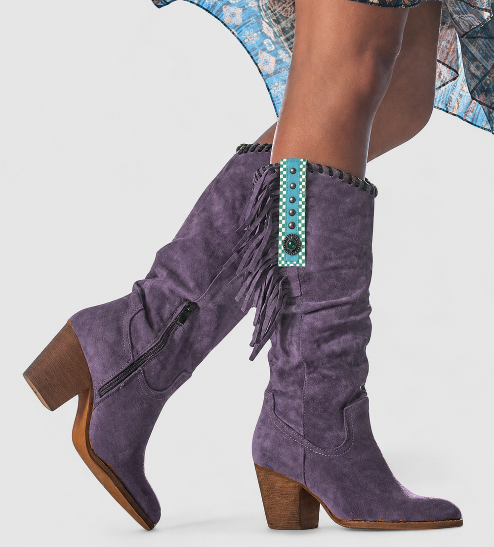 Women's tall cowboy boots with side zippers, fringe detailing, pointed toes and block heels