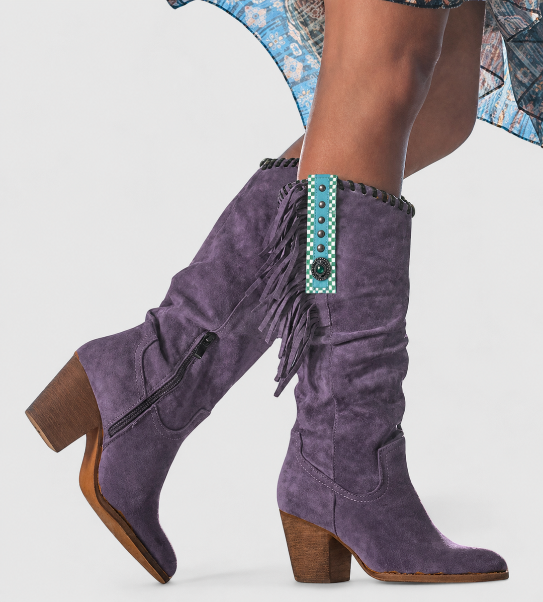 Women's tall cowboy boots with side zippers, fringe detailing, pointed toes and block heels
