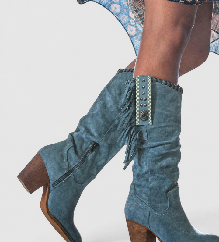 Women's tall cowboy boots with side zippers, fringe detailing, pointed toes and block heels