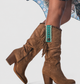 Women's tall cowboy boots with side zippers, fringe detailing, pointed toes and block heels