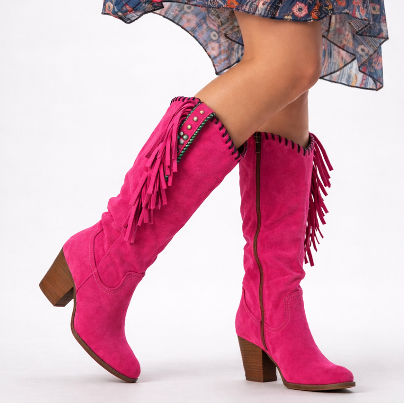 Women's tall cowboy boots with side zippers, fringe detailing, pointed toes and block heels